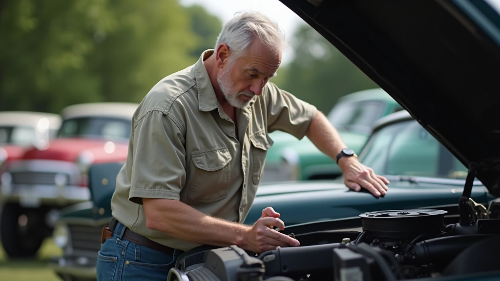 Žmogus virš 45 metų derinamas automobilyje su atidarytu variklio dangčiu, žiūri į motorą
