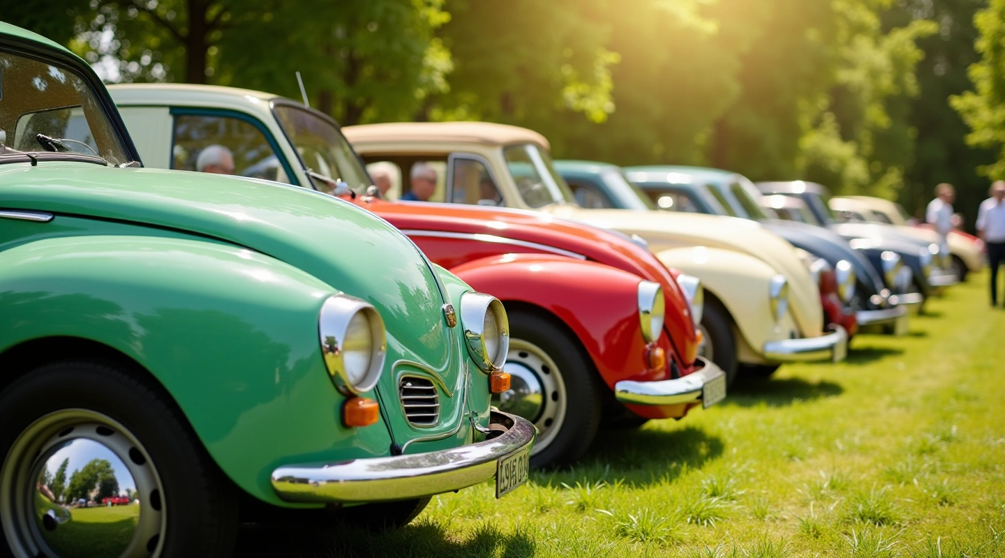 Senoviniai automobiliai su oro aušinimo varikliais, sustatyti eilėje šiltoje saulėje, klasikinės formos ir spalvos